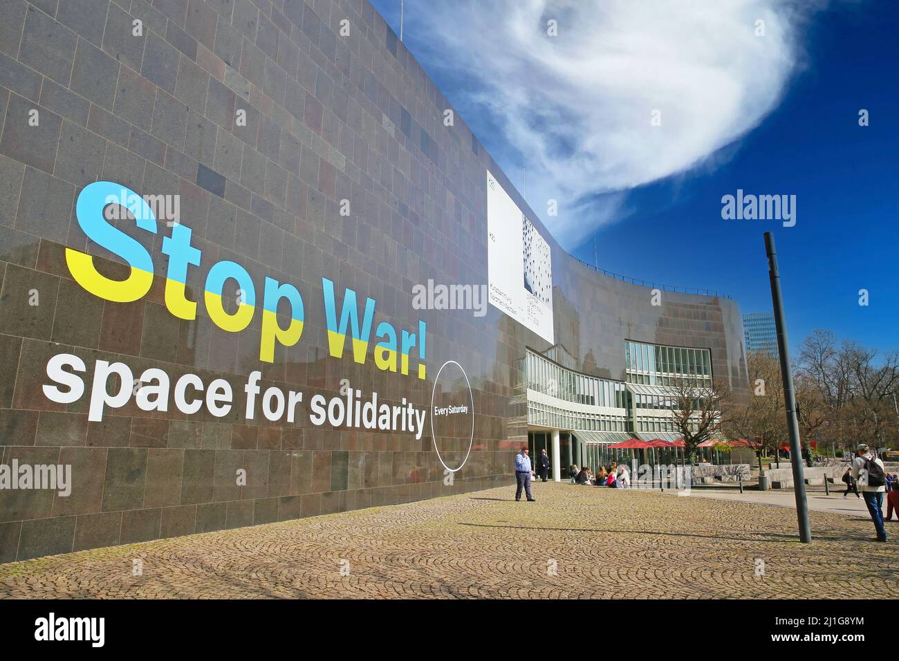 Düsseldorf (K20 Kunstsammlung), Germany - March 23. 2022: View on modern museum building with sign of solidarity for ukrainians Stock Photo