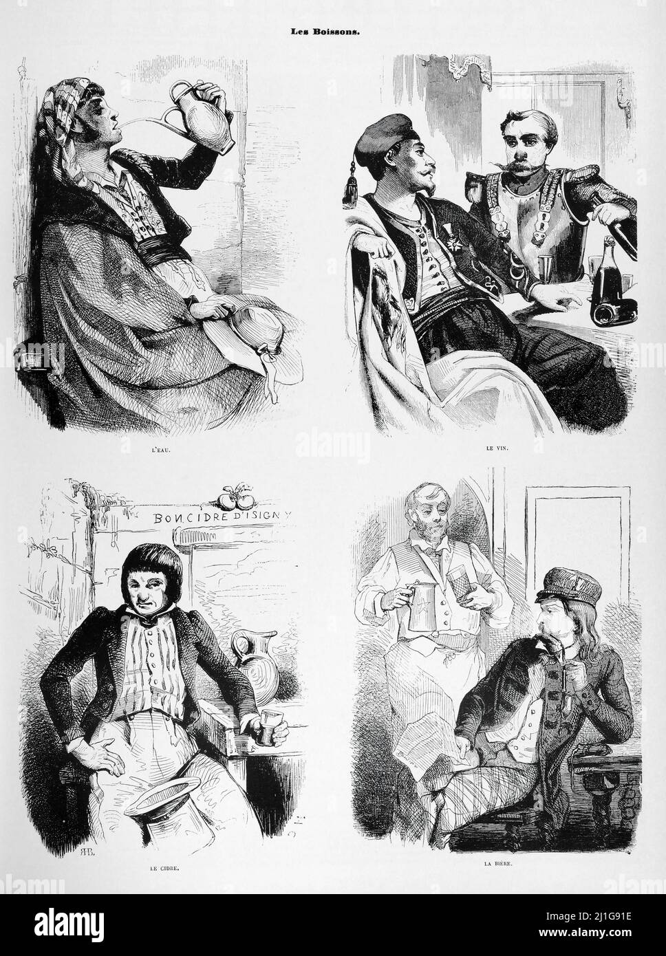 Eng translation : ' ' Drinks. WINE. THE WATER. BEER CIDER, ' ' - Original in French : ' Les Boissons. LE VIN. L'EAU. LA BIÈRE LE CIDRE, ' - Extract from 'L'Illustration Journal Universel' - French illustrated magazine - 1846 Stock Photo
