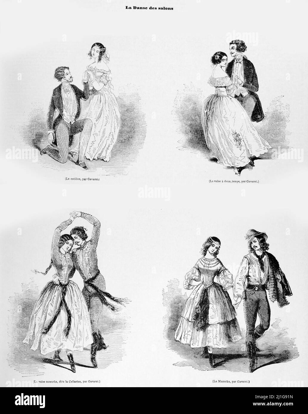 Eng translation : " "The Ballroom Dance (Le cotillion, by Gavarni,) (La valse à deux temps, by Gavarni.) (La valse mazurka, dit la Cellarius, by Gavarni.) (La Mazurka, by Gavarni.)" " - Original in French : " La Danse des salons (Le cotillon, par Gavarni,) (La valse à deux temps, par Gavarni.) (La valse mazurka, dite la Cellarius, par Gavarni.) (La Mazurka, par Gavarni.) " - Extract from "L'Illustration Journal Universel" - French illustrated magazine - 1846 Stock Photo