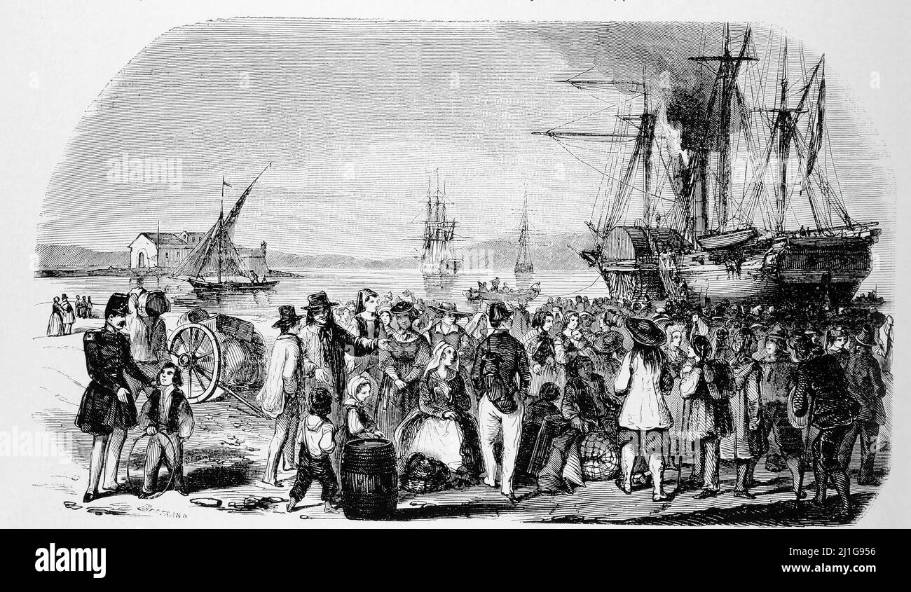 Eng translation : ' Embarkation of settlers for Algeria.  ' - Original in French : ' Embarquement de colons pour l’Algerie. ' - Extract from 'L'Illustration Journal Universel' - French illustrated magazine - 1846 Stock Photo