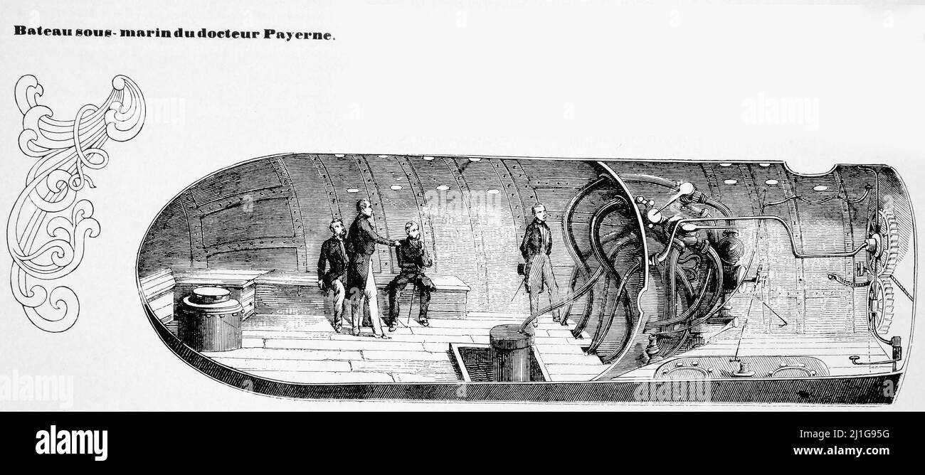 Eng translation : ' Section of Doctor Payerne's underwater boat. '  ' - Original in French : ' Coupe du bateau sous-marin de M. le docteur Payerne.  ' - Extract from 'L'Illustration Journal Universel' - French illustrated magazine - 1846 Stock Photo