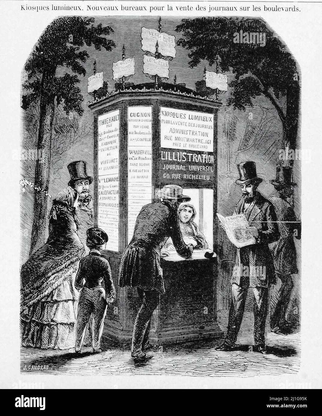 Eng translation : ' Illuminated kiosks. New offices for the sale of newspapers on the boulevards. ' - Original in French : ' Kiosques lumineux. Nouveaux bureaux pour la vente des journaux sur les boulevards.  ' - Extract from 'L'Illustration Journal Universel' - French illustrated magazine - 1843 Stock Photo