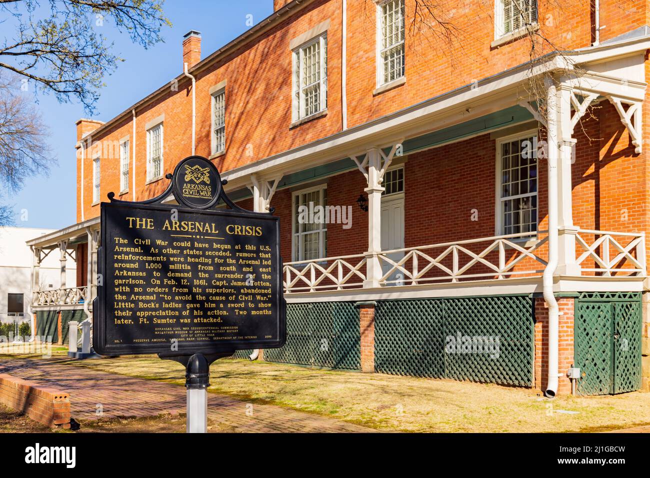 Sunny view of the historical building in MacArthur Park at Arkansas