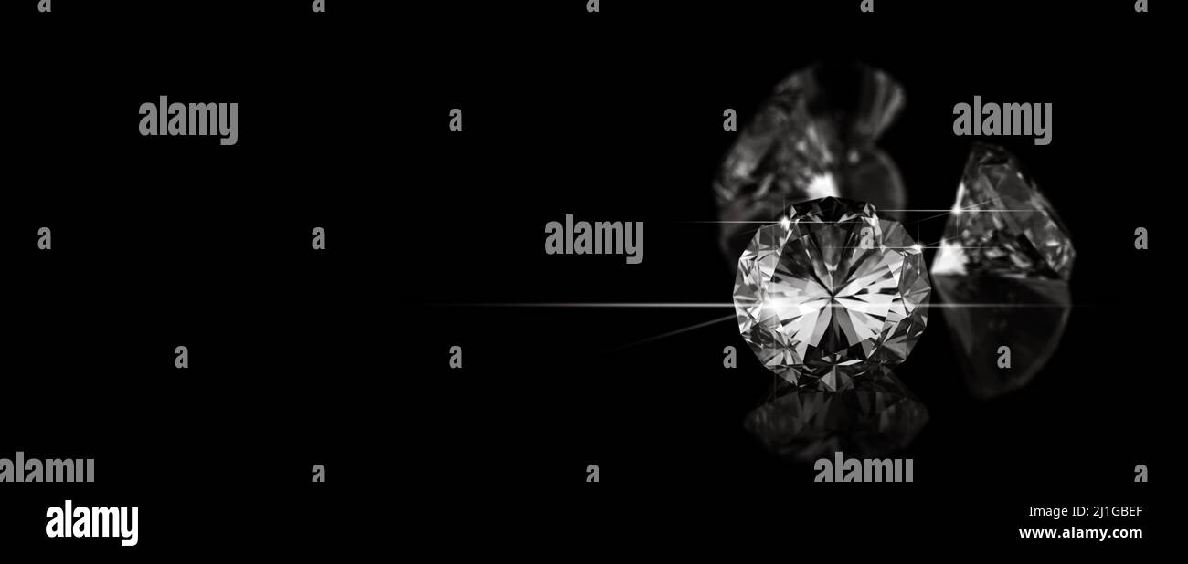 3D rendering illustration.Round cut diamond on black dark glossy ...