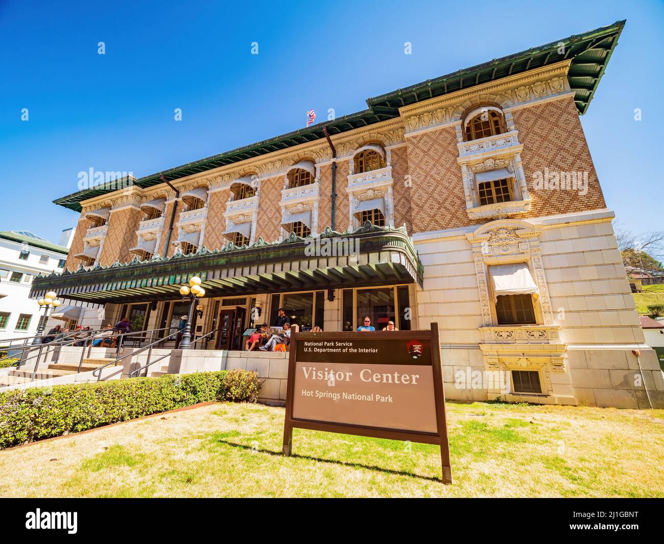 Arkansas, MAR 19 2022 Sunny view of the Fordyce Bathhouse visitor