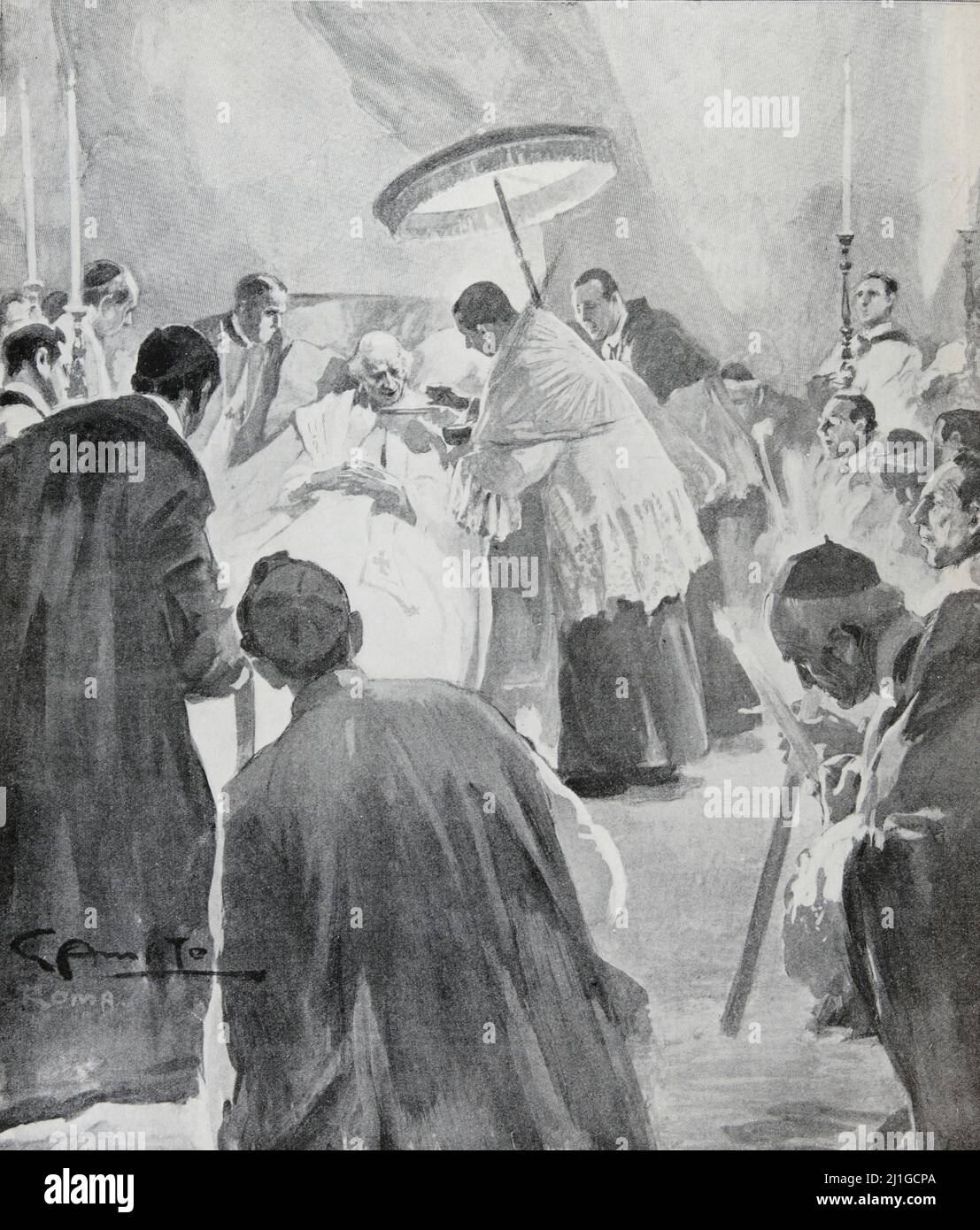 LA MALADIE DE S. S. LEON XIII LE PAPE RECEVANT LE VIATIQUE - eng translation :  THE ILLNESS OF S. S. LEON XIII THE POPE RECEIVING VIATICUM - Extract from 'L'Illustration Journal Universel' - French illustrated magazine - 1903 Stock Photo