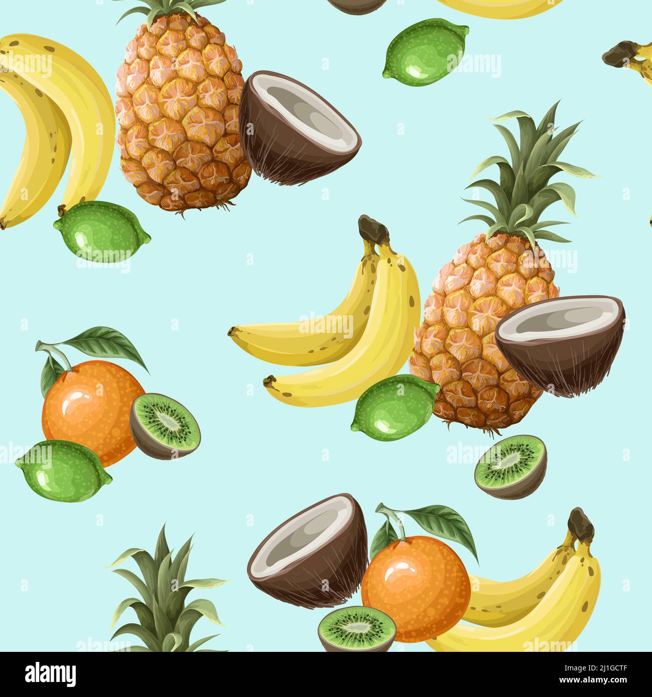 Seamless pattern with pineapples, bananas, figs and tropical leaves. Vector. Stock Vector