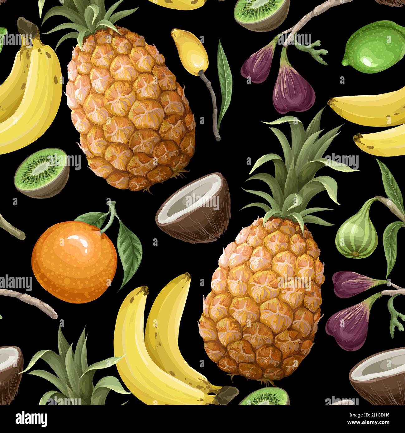 Seamless pattern with pineapples, bananas, figs and tropical leaves. Vector Stock Vector