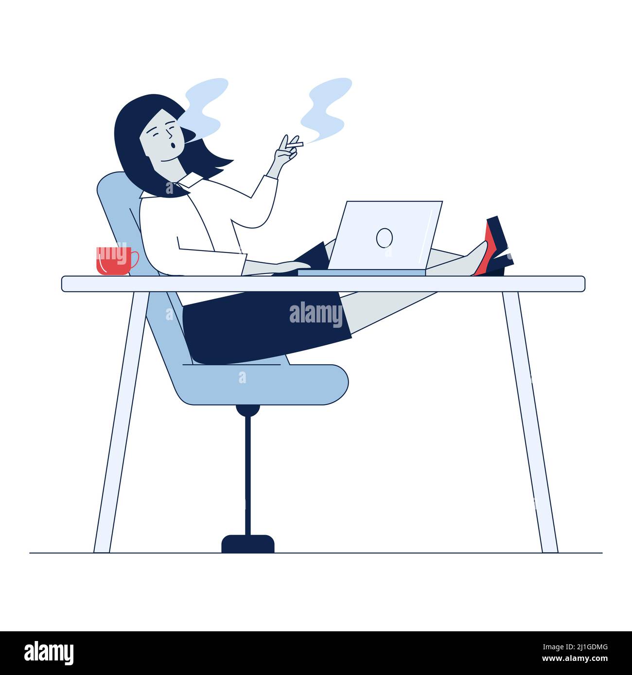 Employee smoking at workplace. Woman with cigarette sitting at laptop flat vector illustration. Addiction, violation of order concept for banner, webs Stock Vector