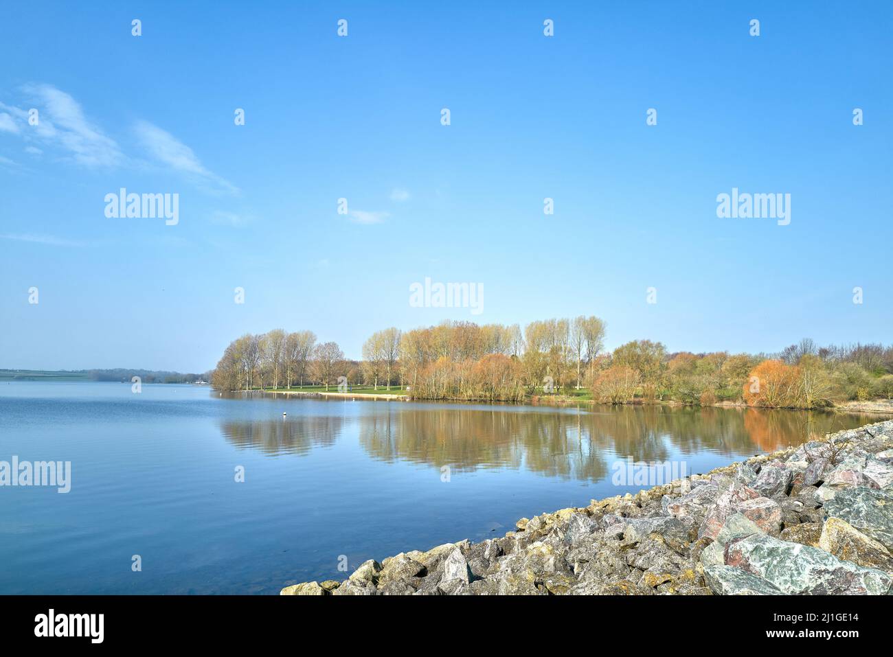 A calm early spring morning on the shore of a lake. Stock Photo