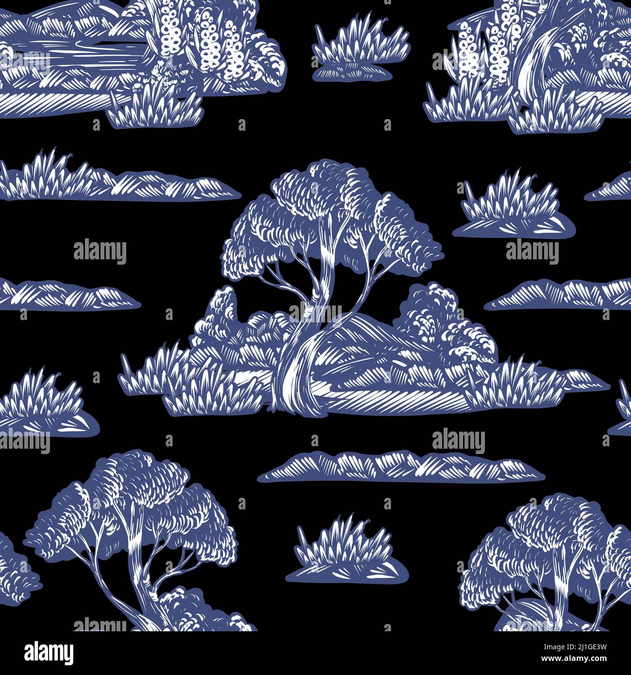 Seamless pattern with graphic trees, bushes and plants. .Etching style