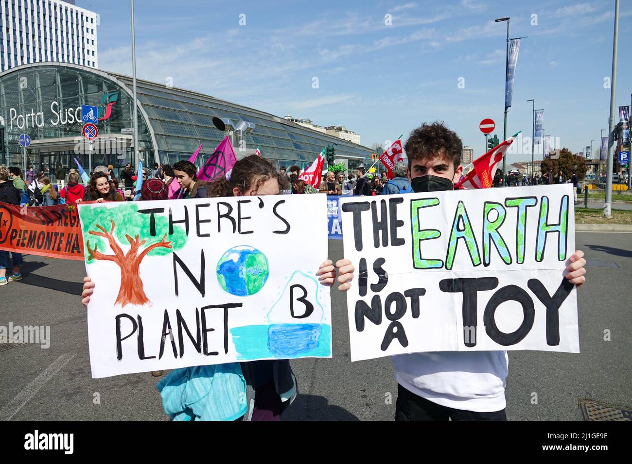 Youth strike for climate march Friday for Future. Turin, Italy - March 2022 Stock Photo