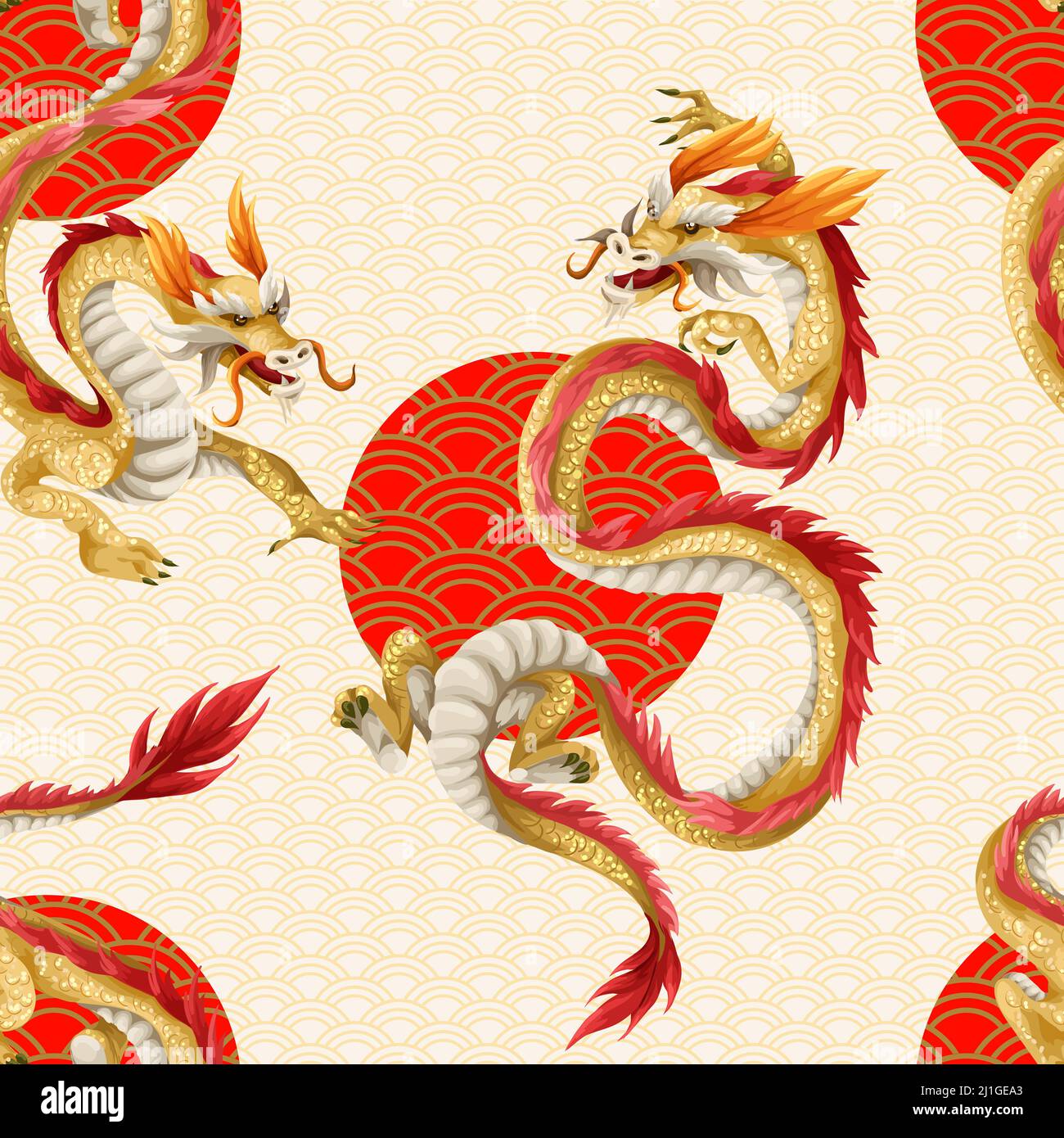 Seamless pattern with dragons. Oriental trendy print. Stock Vector