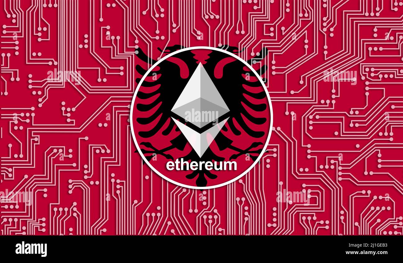 flag of Albania and ethereum coin, Integrated Circuit Board pattern.  Ethereum Stock Growth. Conceptual image for investors in Blockchain and  cryptocur Stock Photo - Alamy