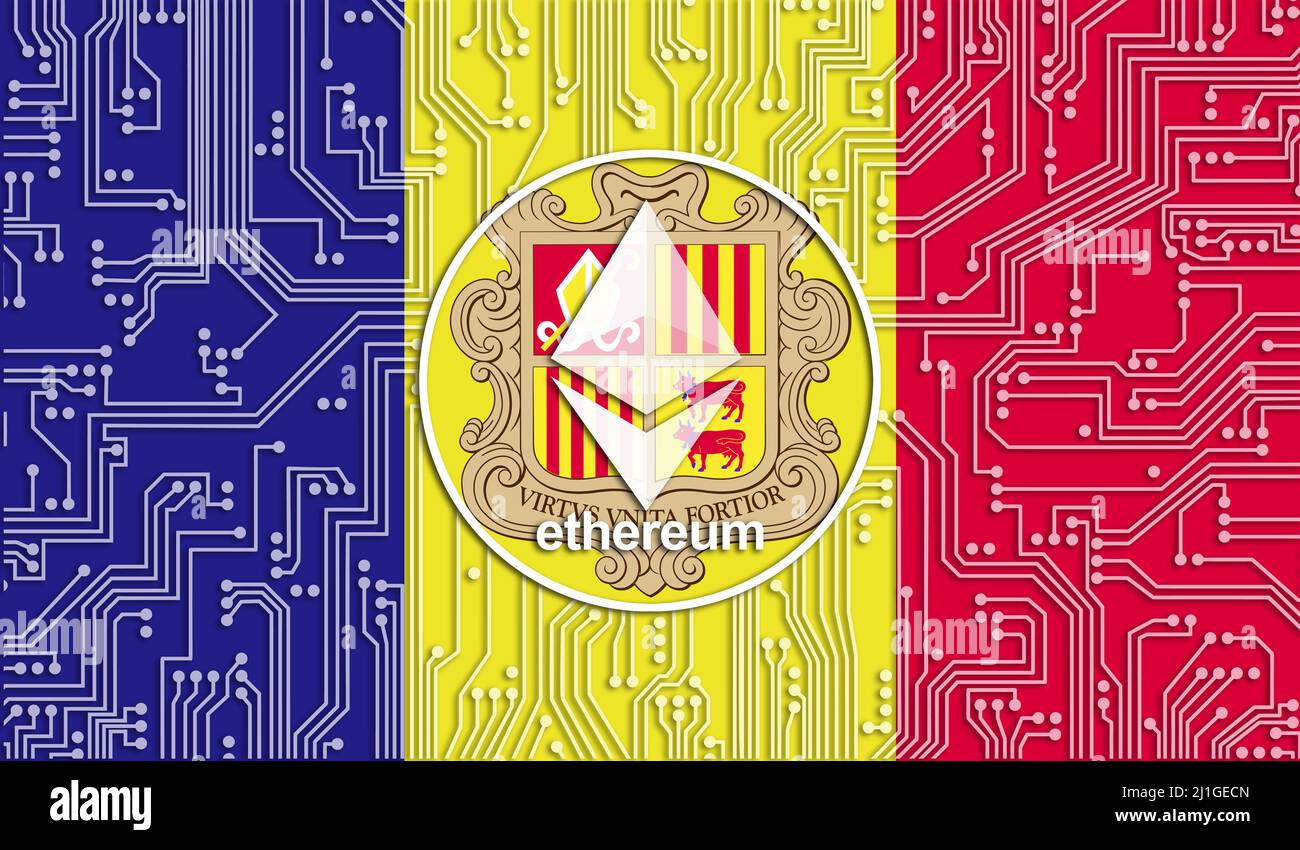 flag of Andorra and ethereum coin, Integrated Circuit Board pattern.  Ethereum Stock Growth. Conceptual image for investors in Blockchain and  cryptocur Stock Photo - Alamy