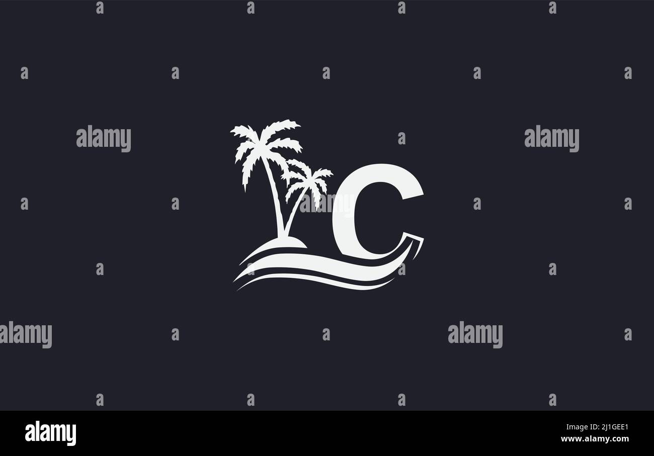 Water wave and beach tree art logo vector design with the letter and ...