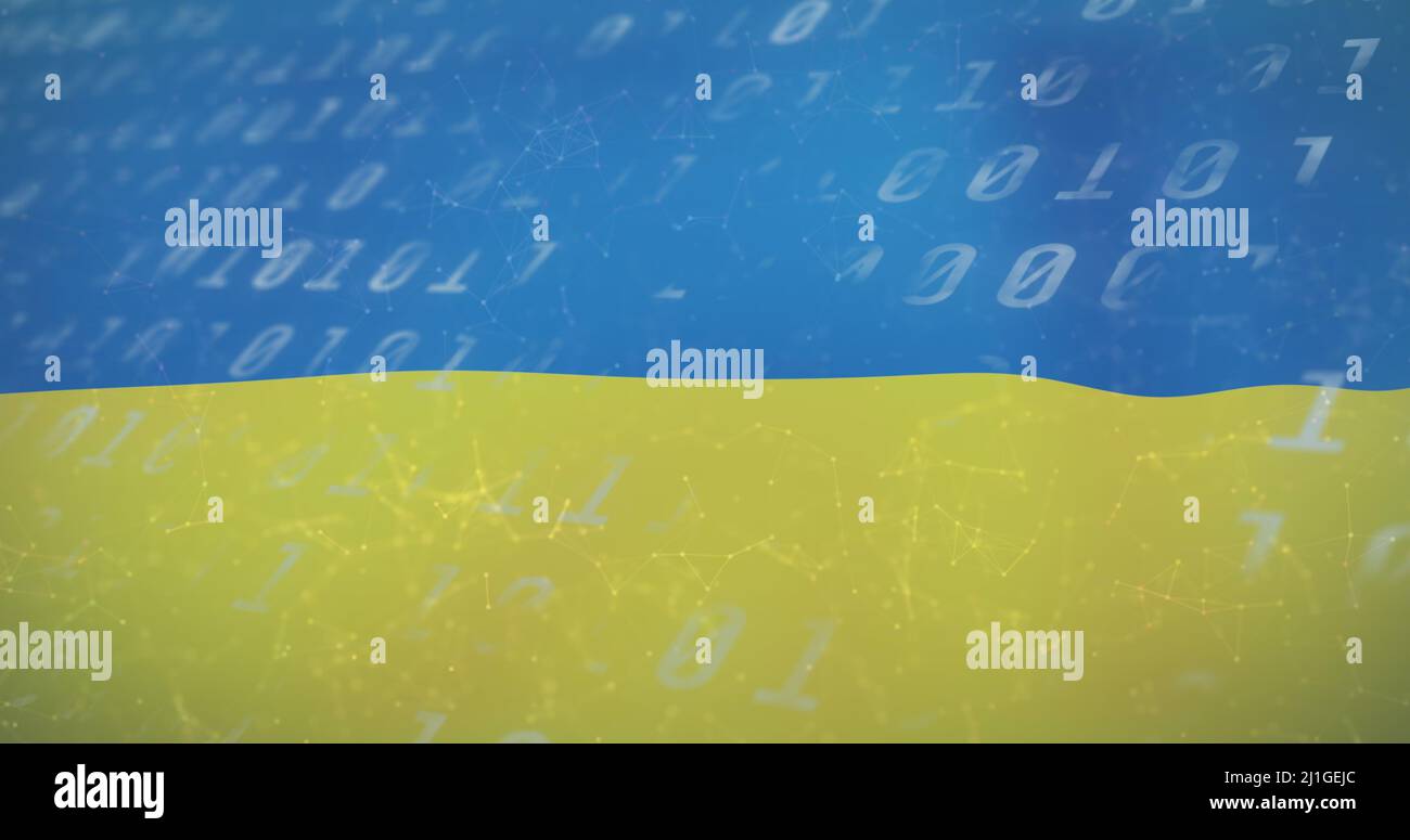Image of connections with icons and binary code over flag of ukraine ...