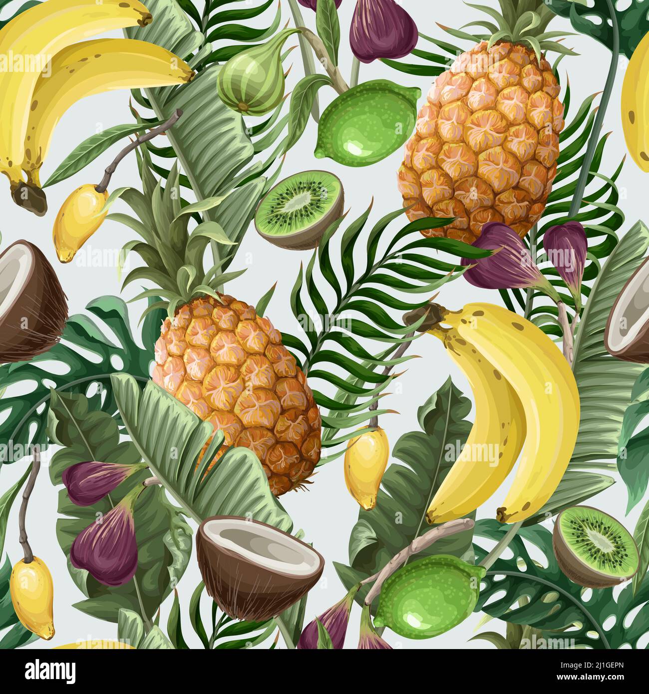 Seamless pattern with pineapples, bananas, figs and tropical leaves. Vector. Stock Vector