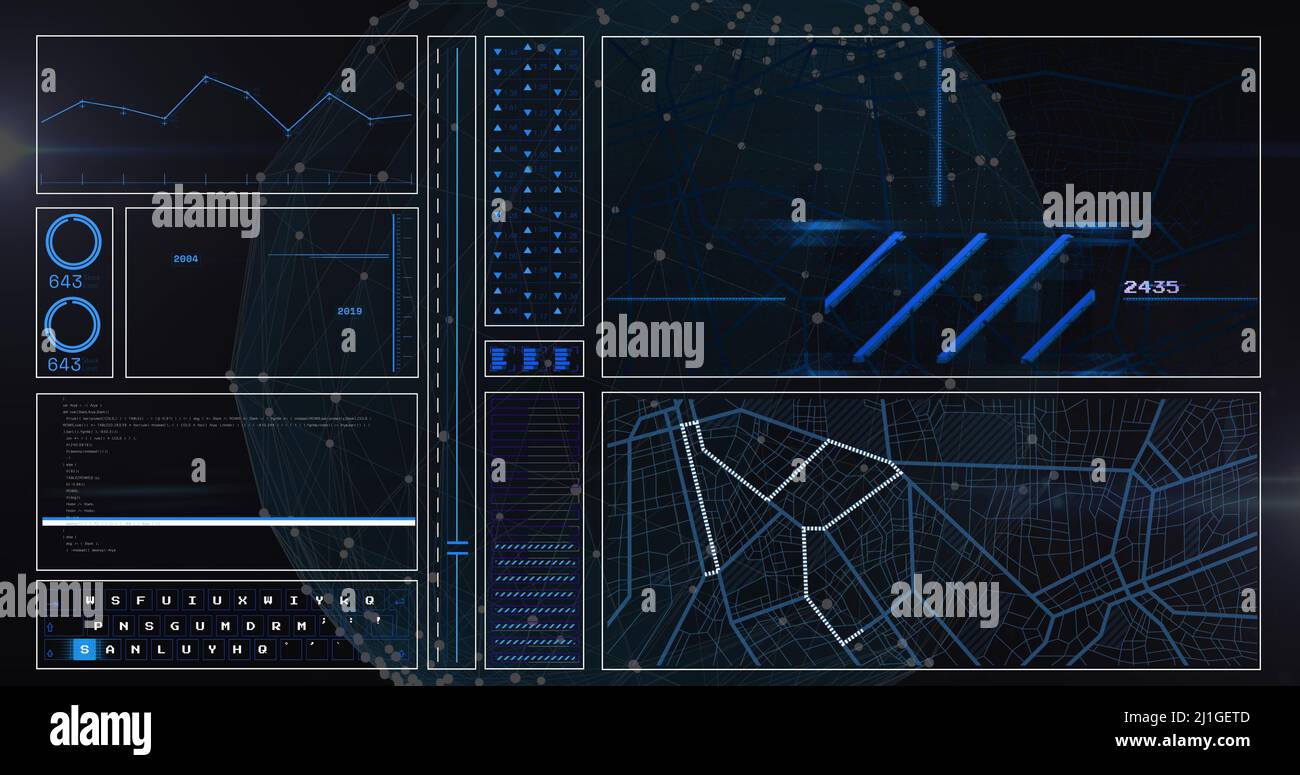Image of digital data processing on screen over globe of connections ...
