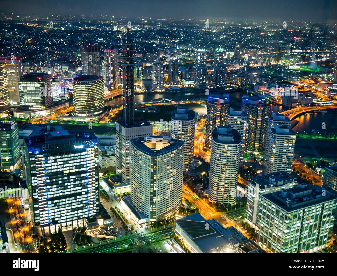 An aerial view of urbanized city with colorful cityscape and buildings of Yokohama, Japan Stock Photo