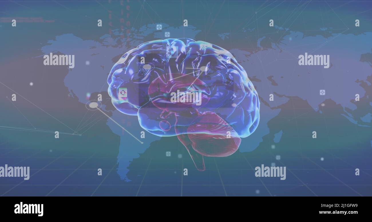 Image of human brain, data processing over world map Stock Photo Alamy
