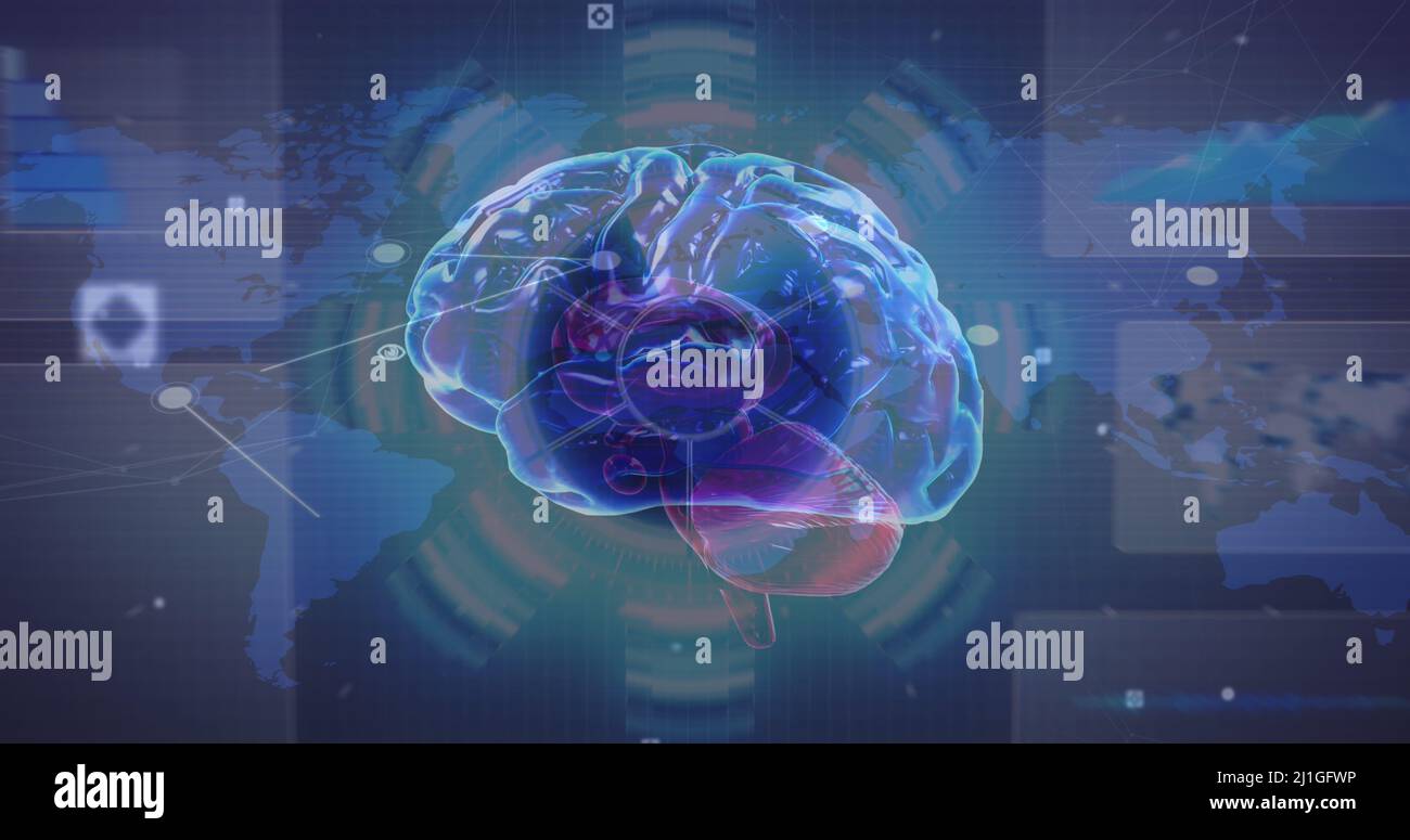 Image of human brain, data processing over world map Stock Photo Alamy