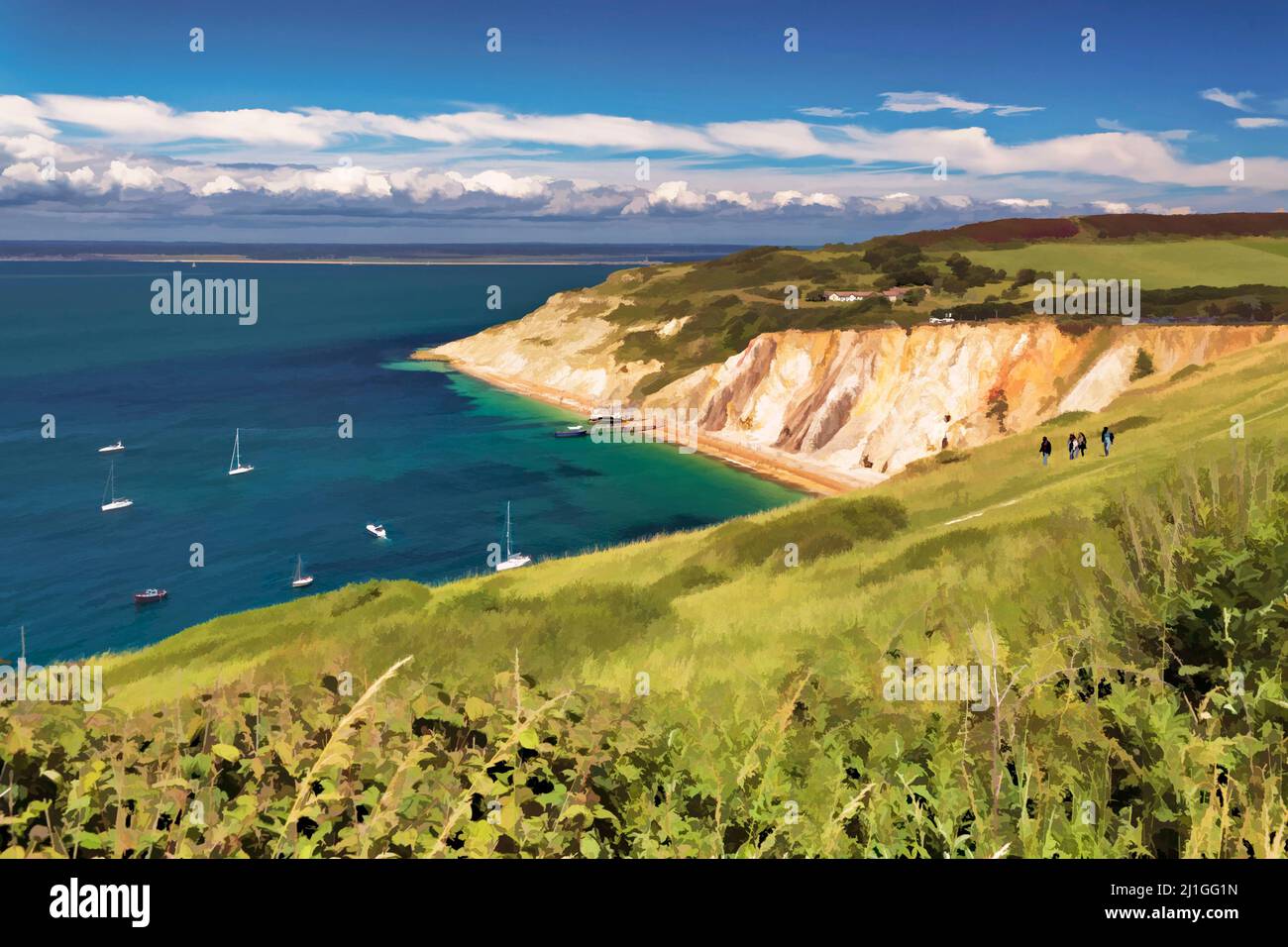 Alum Bay, with beautiful beach and colourful rocks next to the Needles in the Isle of Wight in England. Stock Photo