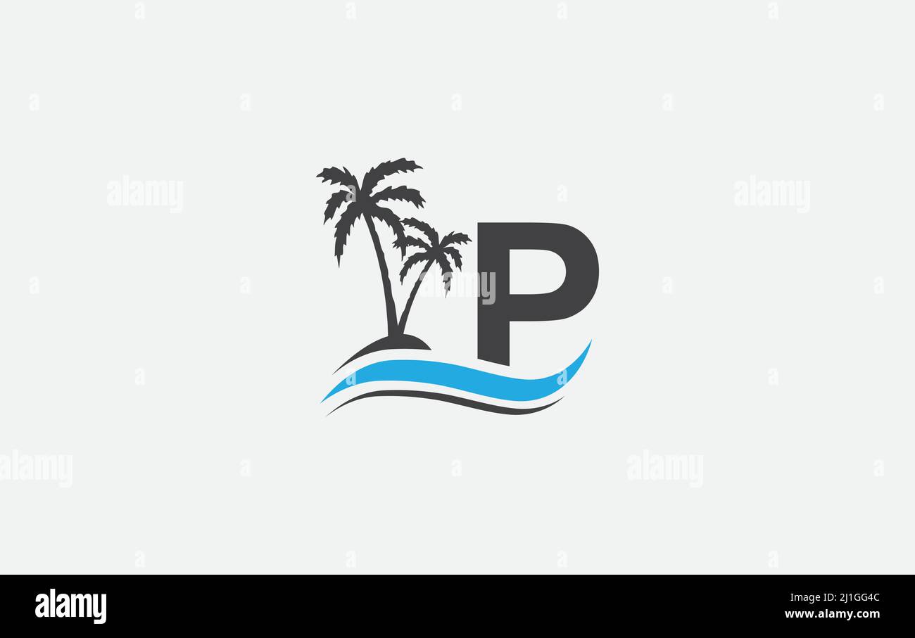 Water wave and beach tree art logo vector design with the letter and alphabet Stock Vector