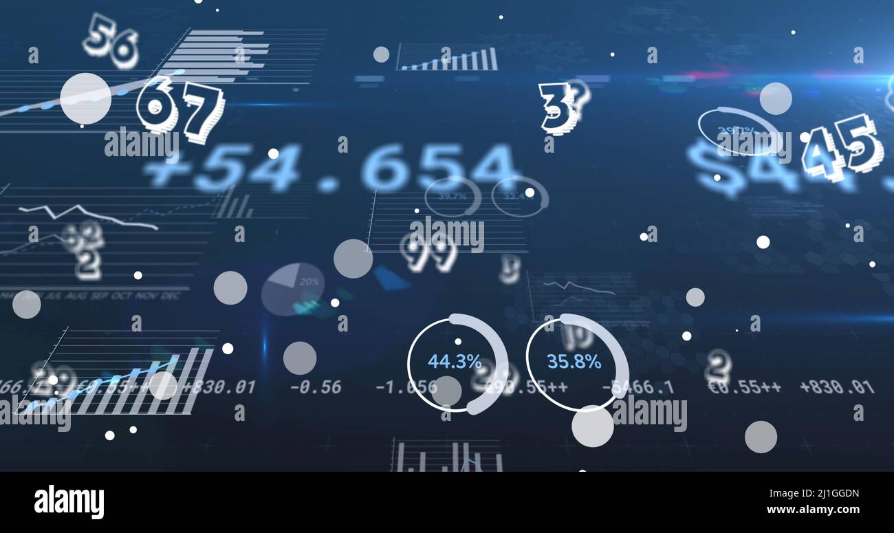 Image of data processing and spots on blue background Stock Photo - Alamy