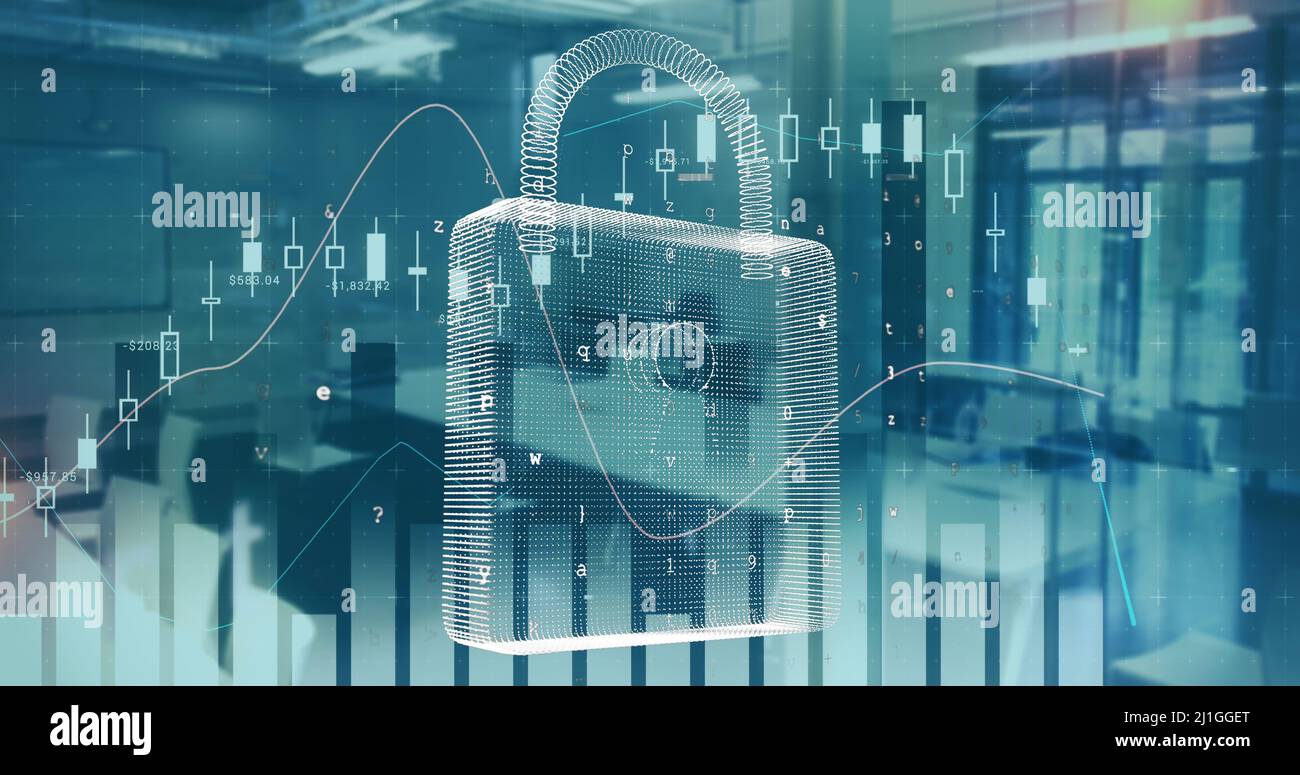 Image of data processing and padlock over office Stock Photo - Alamy