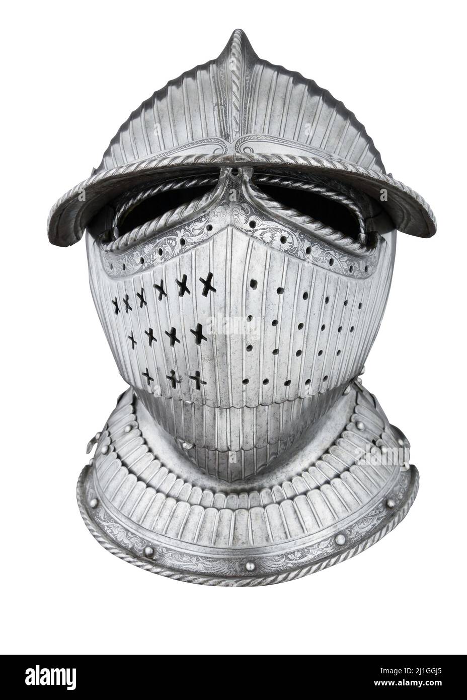 Vintage photo of medieval closed burgonet. (With clipping path). ca. 1525–30 This helmet combines features common to burgonets, notably the projecting Stock Photo