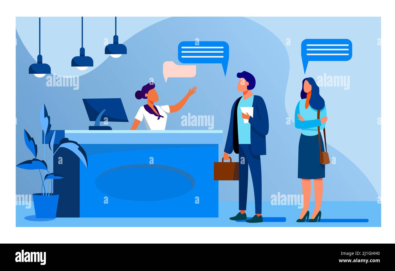 Receptionist job vector illustration. Customers consulting manager at reception. Tourists checking in to hotel, standing at desk in lobby Stock Vector