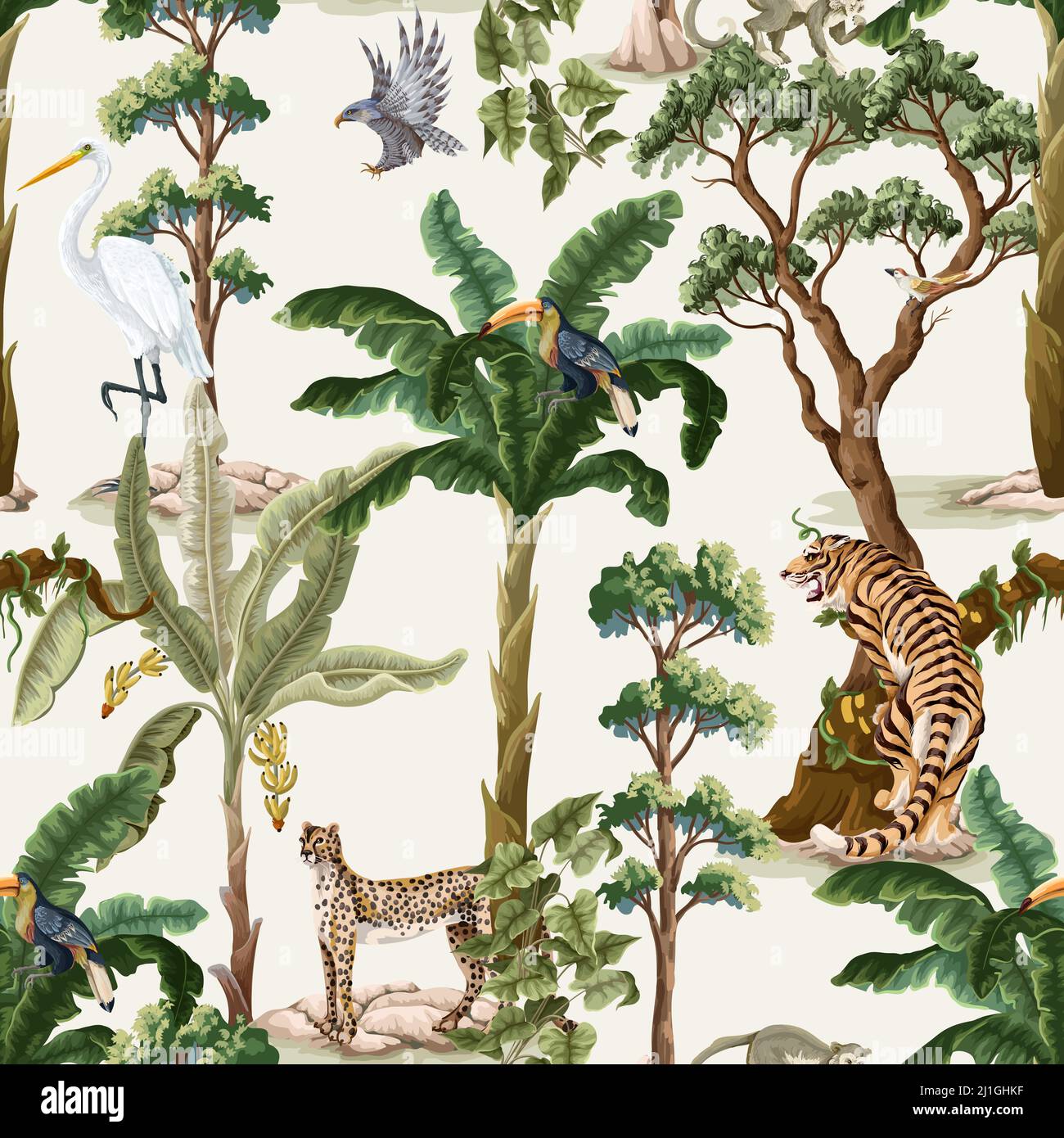 Seamless pattern with jungle and animals. Vector interior print Stock ...