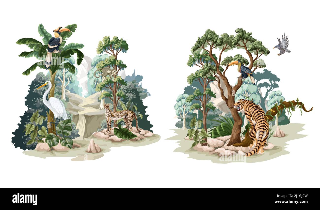Jungle landscape with animals. Interior vector print. Stock Vector