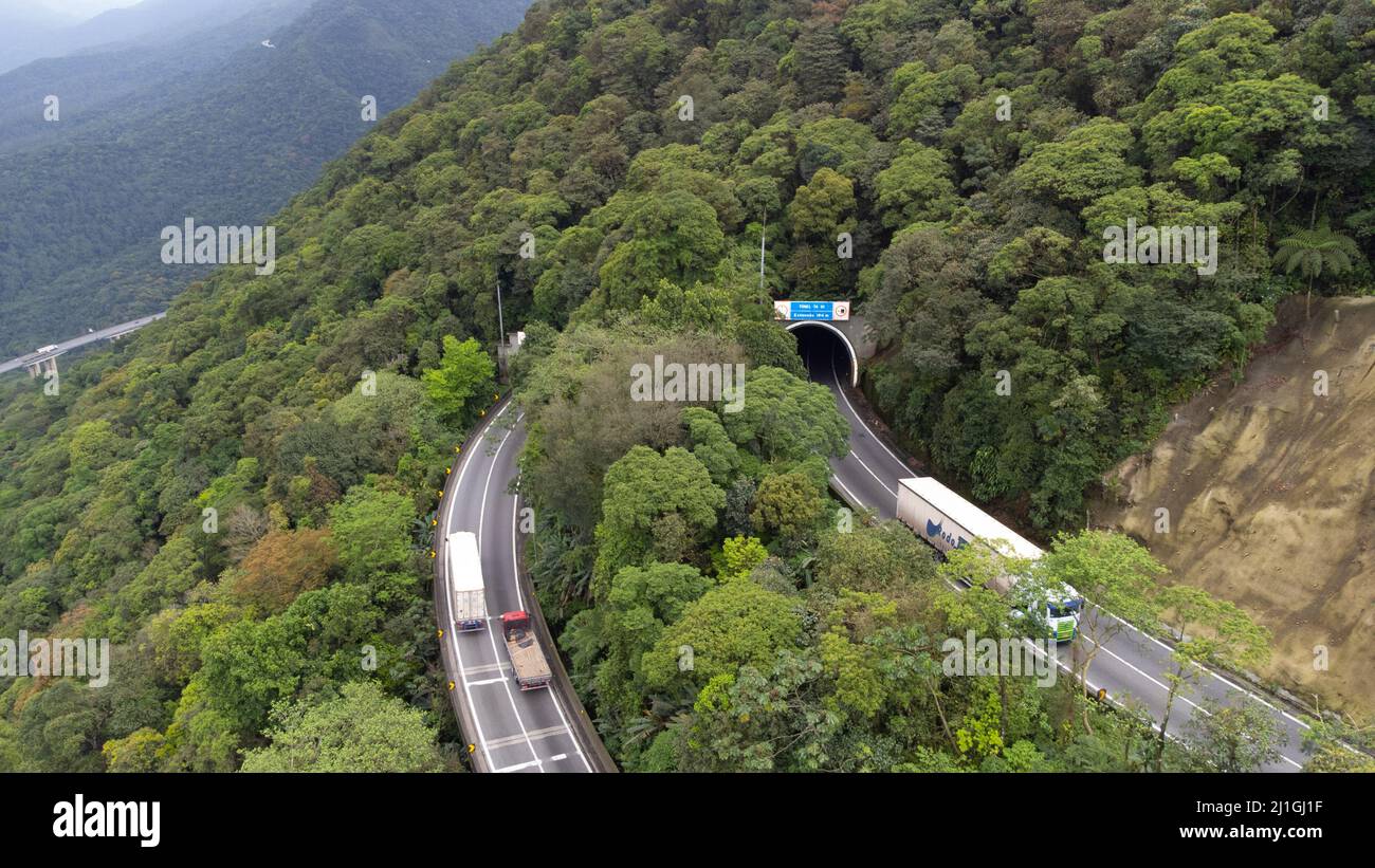 An aerial shot of the highway tunnel between Sao Paulo and Santos