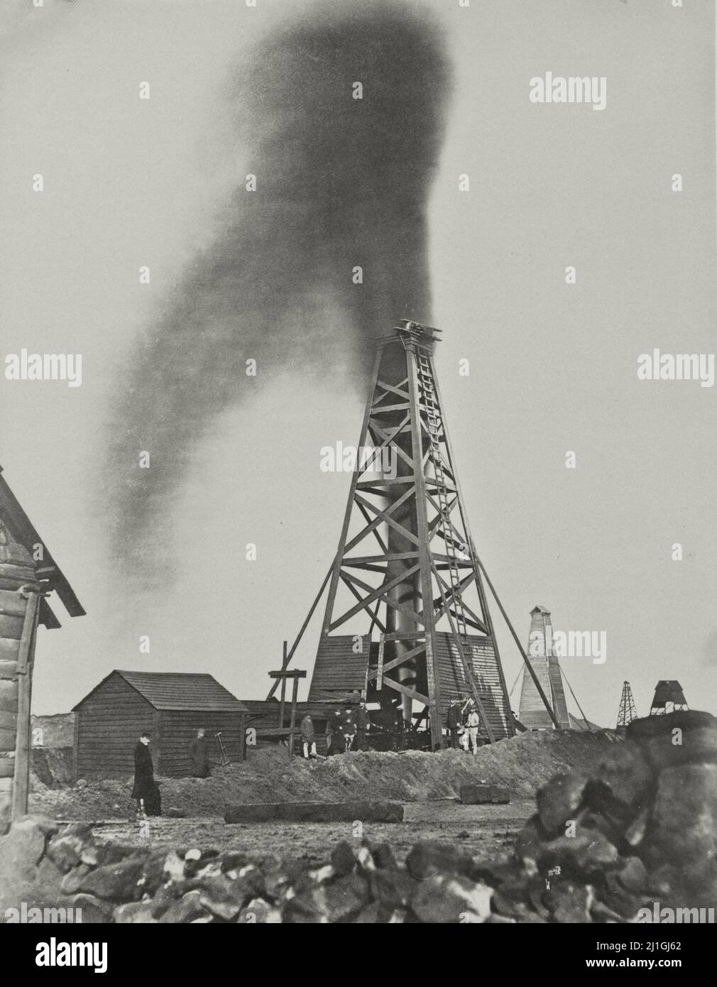 19th-century photo of squirting rig on oil field in Baku. Azerbaijan, Russian Empire. c. 1890-c. 1900 Stock Photo