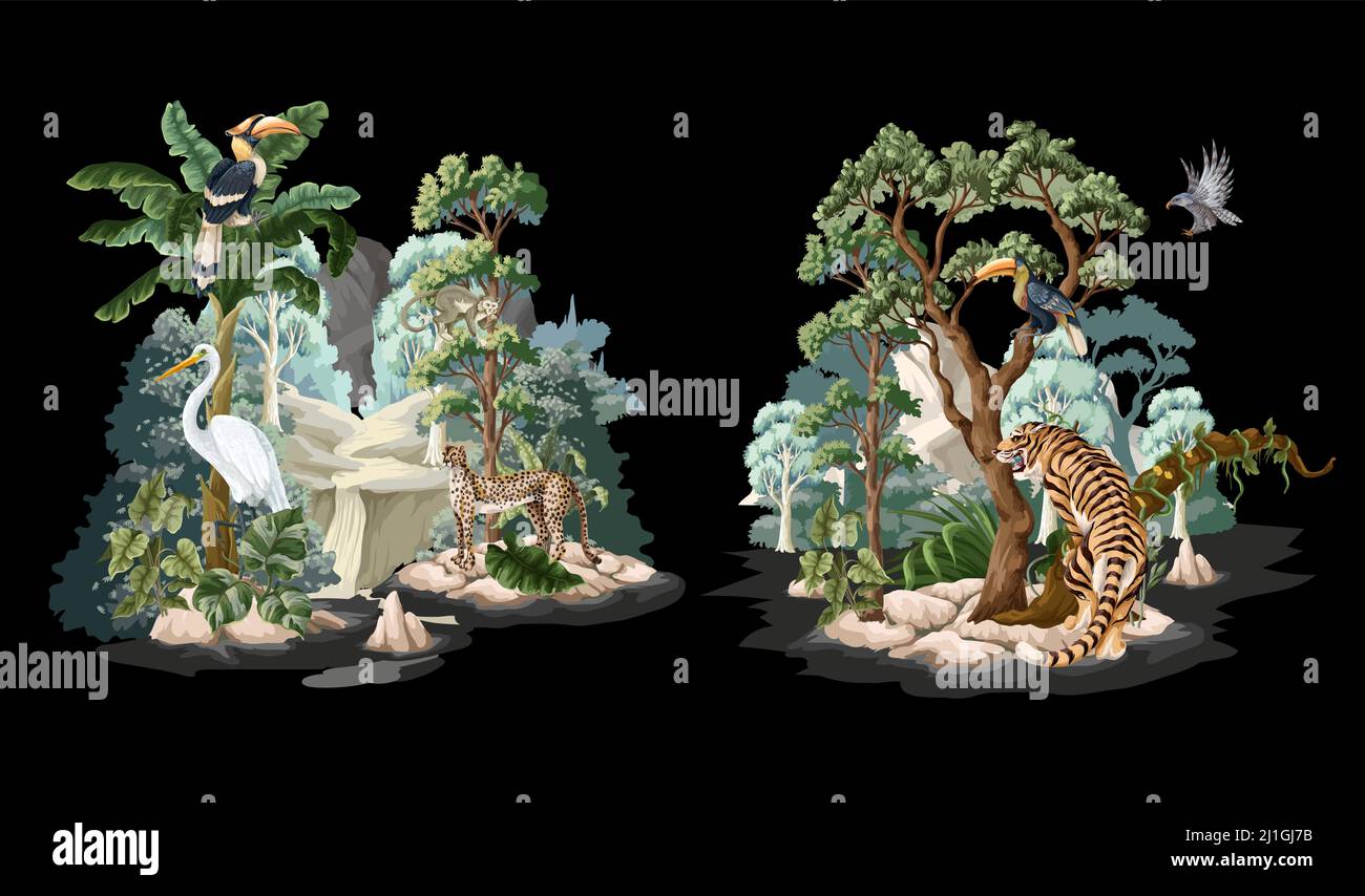 Jungle landscape with animals. Interior vector print. Stock Vector