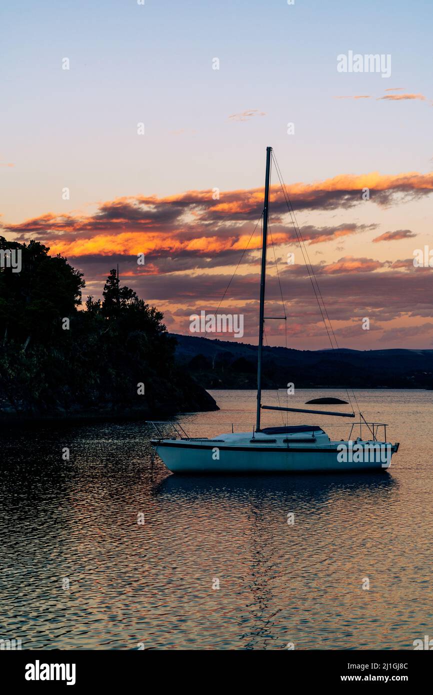 A vertical shot of the boat parked in the sea during sunset Stock Photo ...