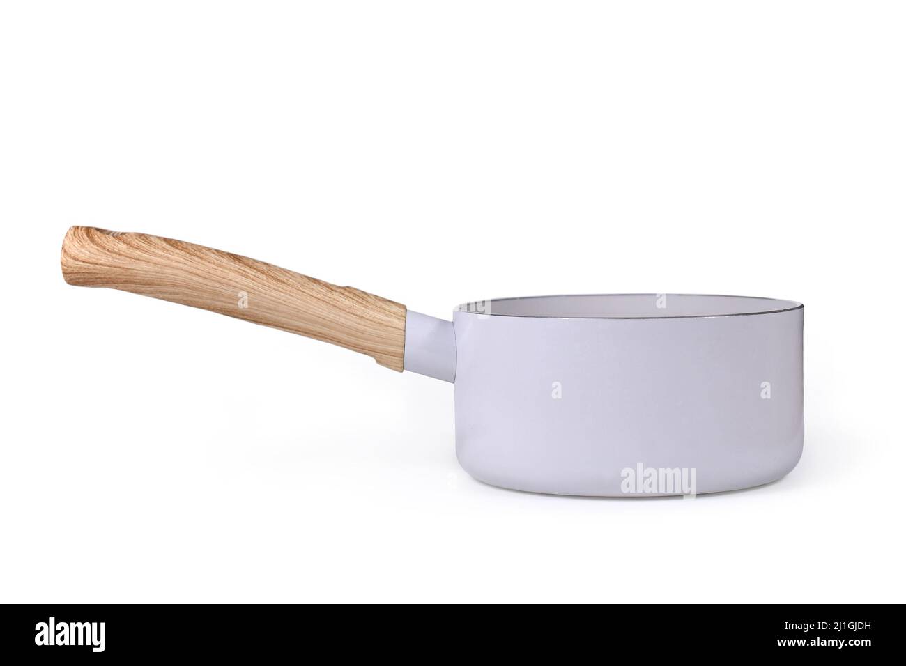Gray cooking pot with wooden handle on white background Stock Photo