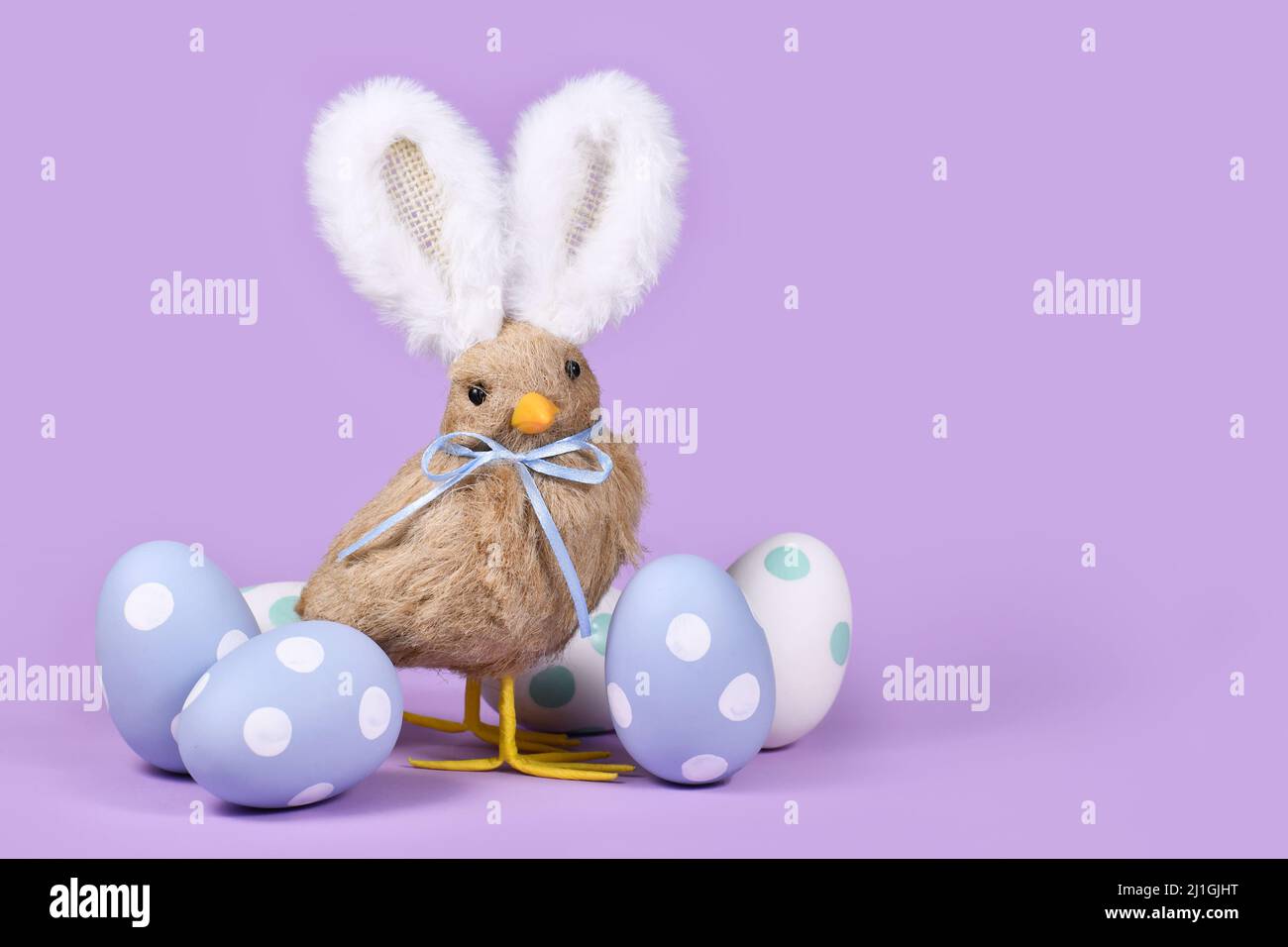 Easter chick with bunny ears and pastel Easter eggs on violet background Stock Photo