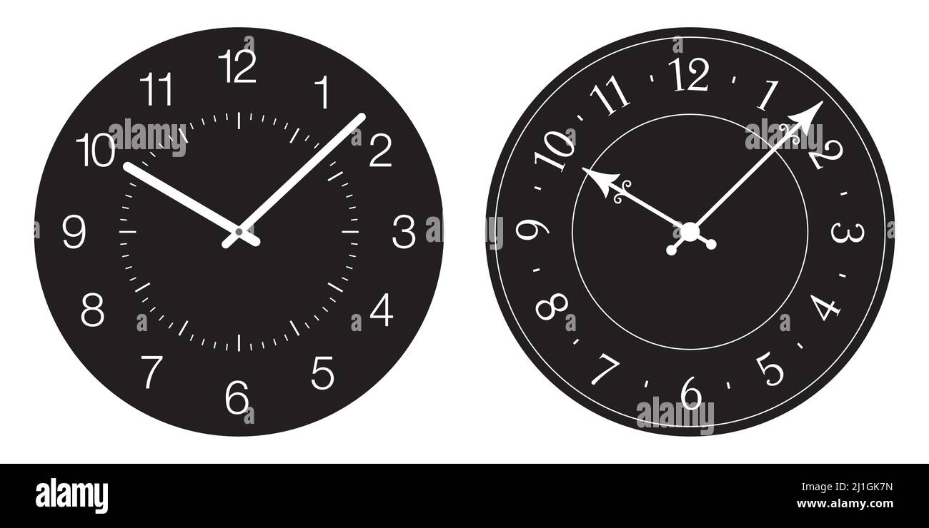 Set of black watch dials isolated on white background. Retro and classical watch face with numbers and arrows, vector illustration. Stock Vector