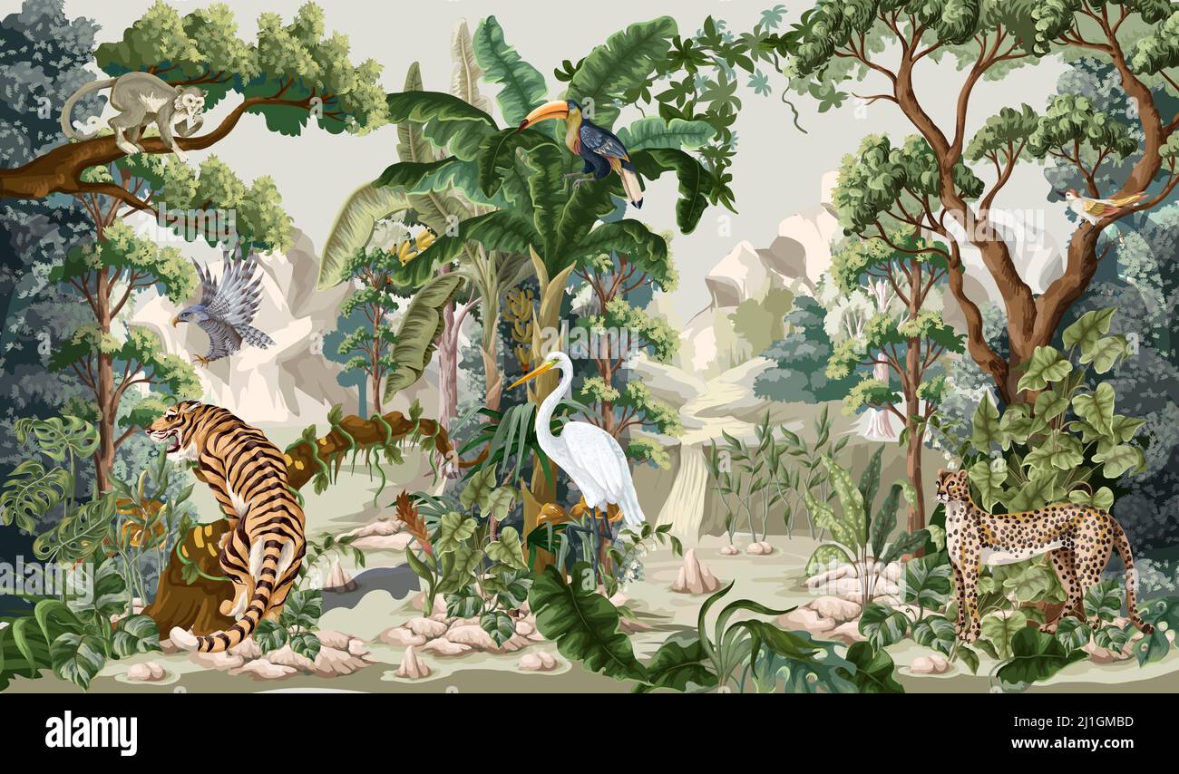 Jungle landscape with animals. Interior vector print. Stock Vector