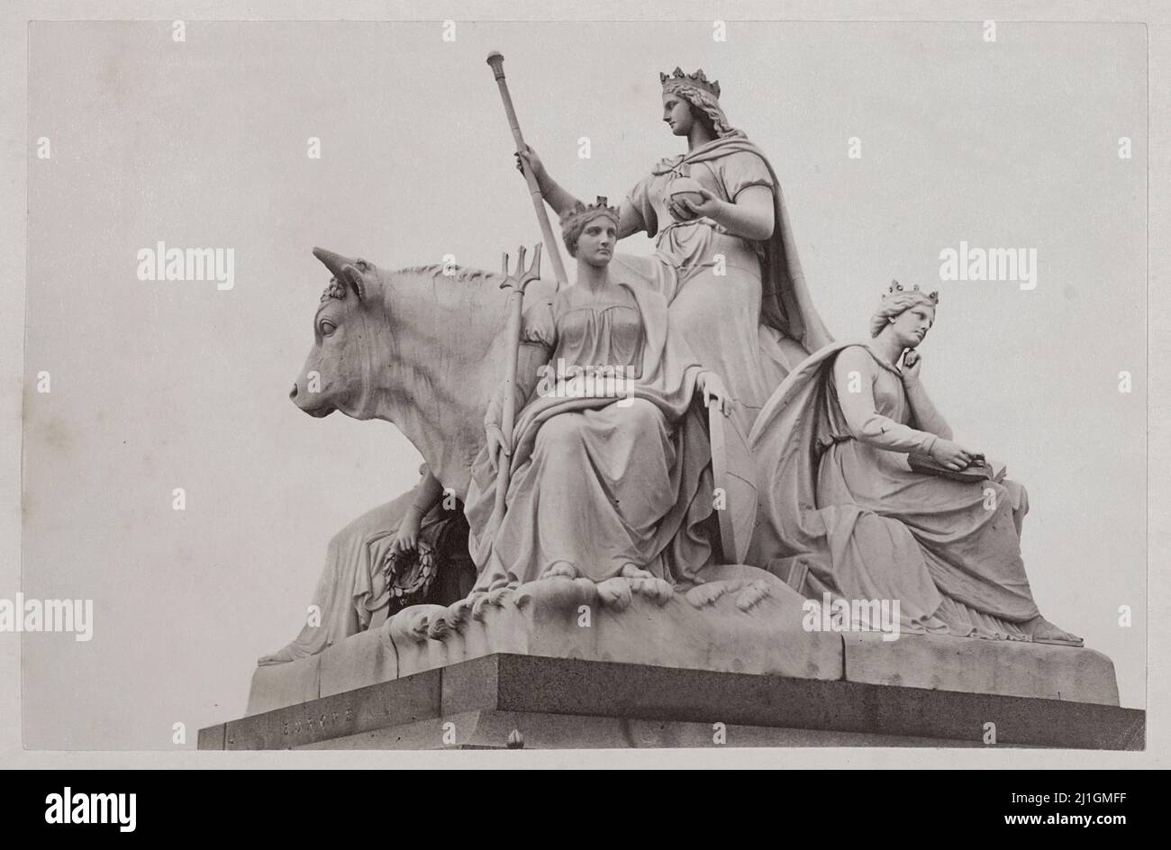 19th-century vintage photo of sculpture group at the foot of the Albert Memorial in London: Europe. London, Great Britain. By Francis Godolphin Osbour Stock Photo