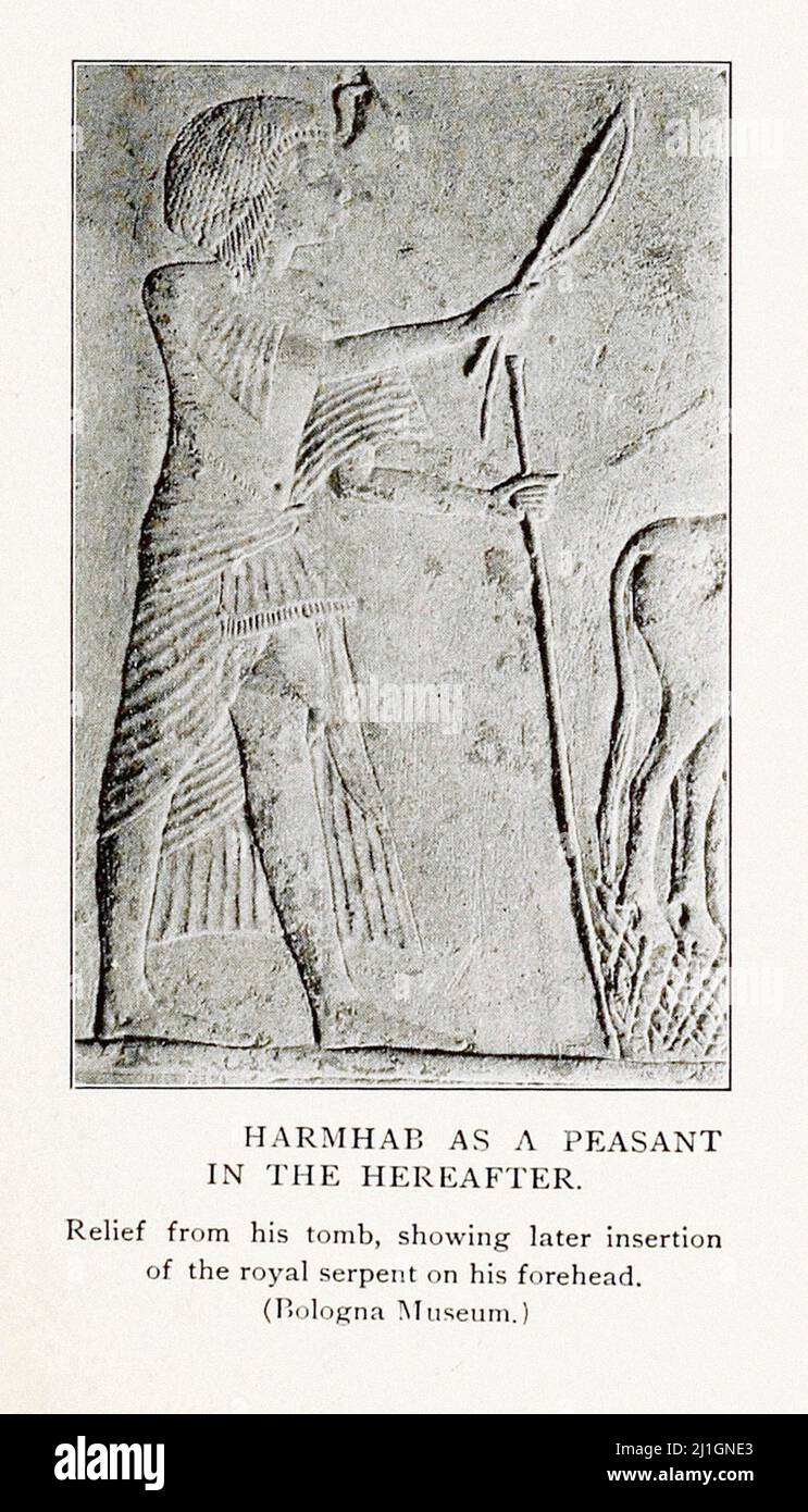 Ancient Egypt. The New Kingdom (1549–1069 BC). Illustration from book of 1912 Harmhab as a peasant in the hereafter. Relief from his tomb Stock Photo