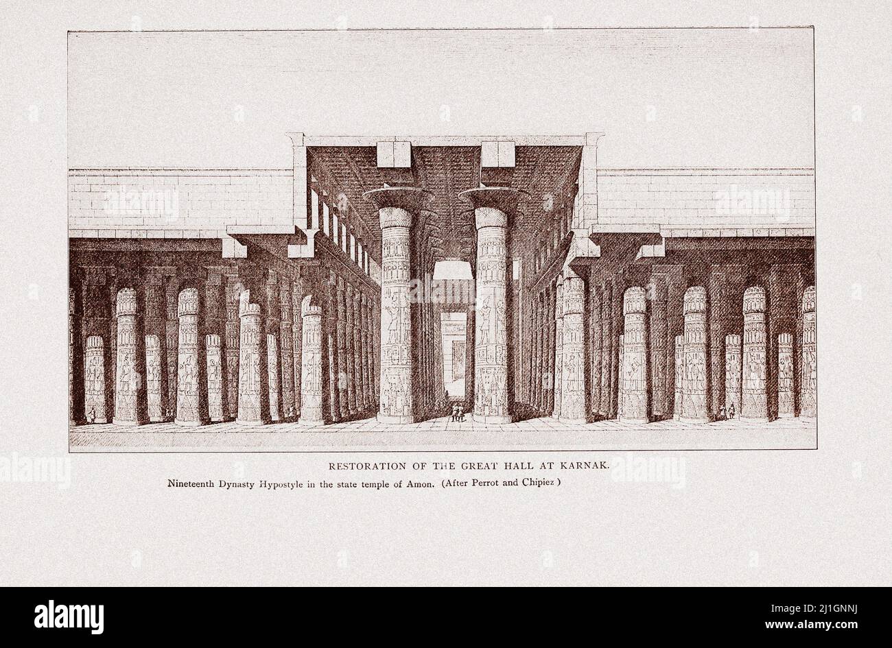 Ancient Egypt. The New Kingdom (1549–1069 BC). Illustration of 1912 Restoration of the Great Hall at Karnak. Nineteenth Dynasty Hypostyle in the state Stock Photo