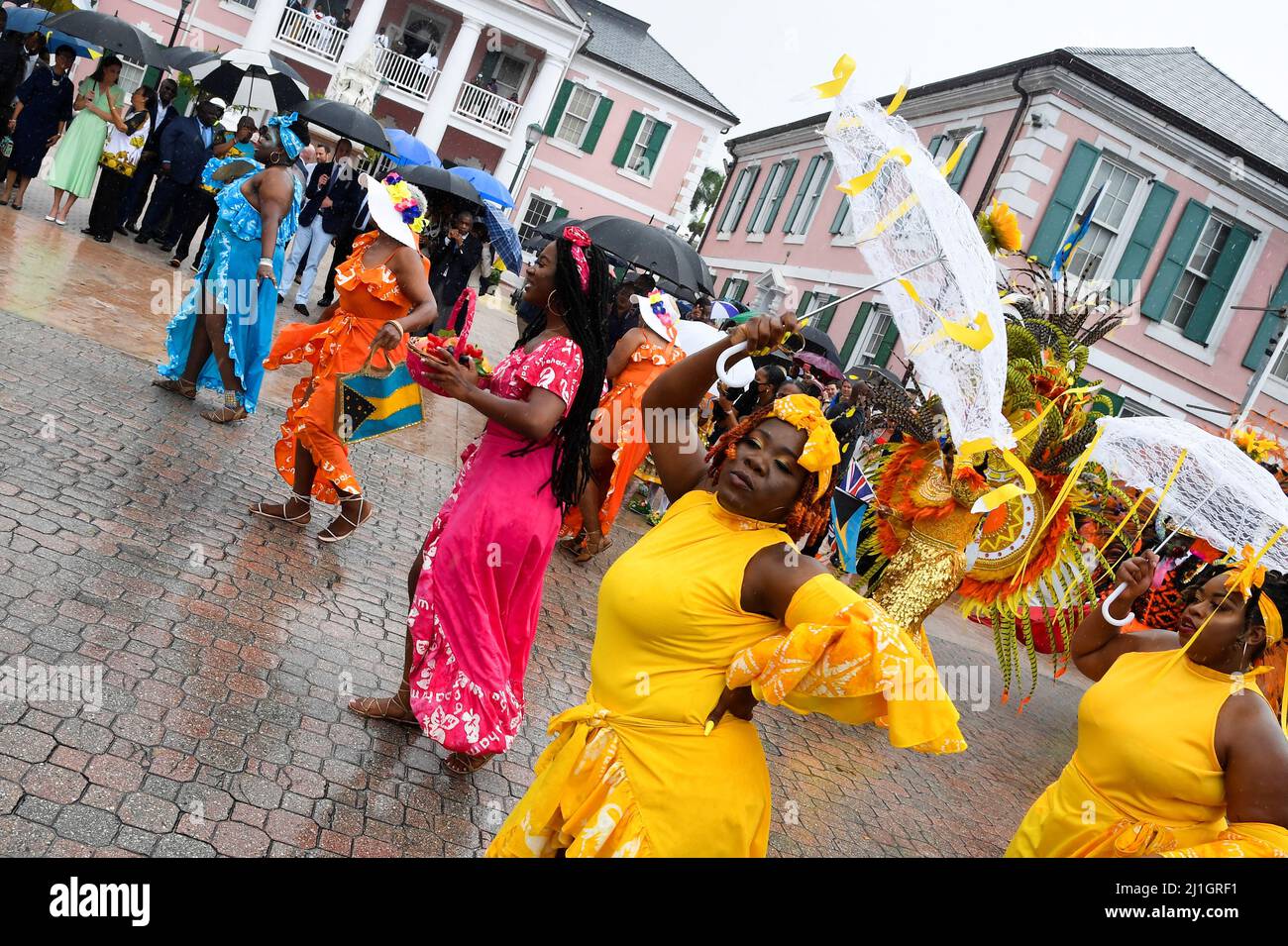 Performers celebrate and parade during a traditional Bahamian Junkanoo
