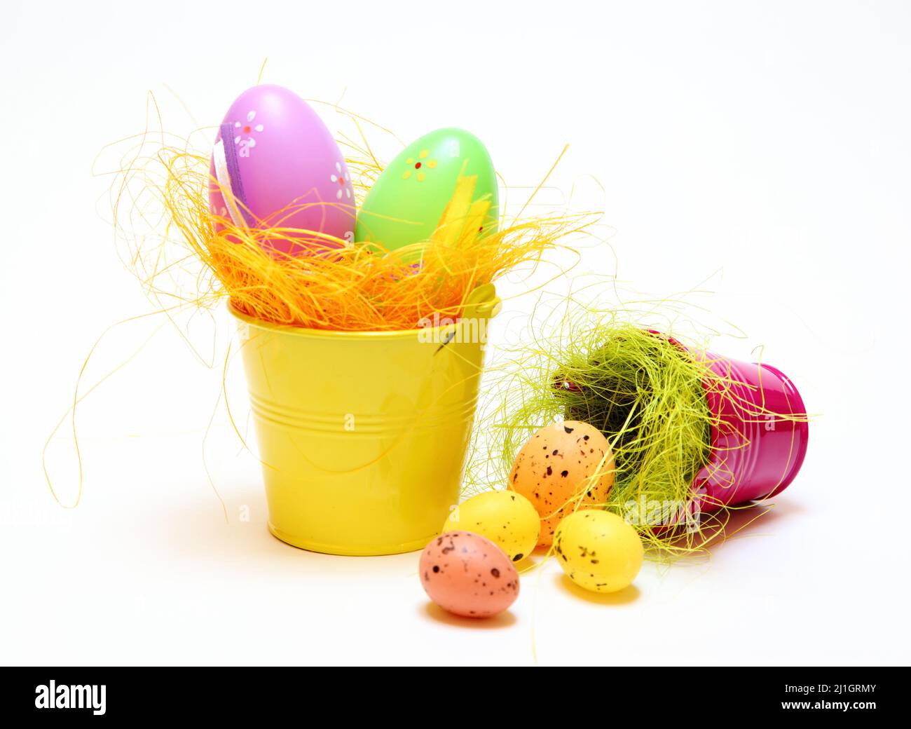 Easter eggs and chickens on white isolated background Stock Photo
