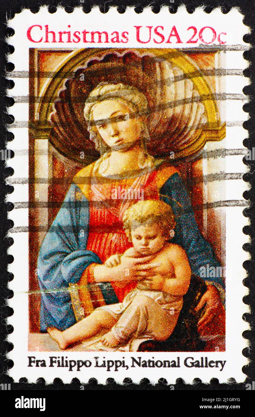 UNITED STATES OF AMERICA - CIRCA 1984: a stamp printed in the United States of America shows painting Madonna and Child by Fra Filippo Lippi, circa 19 Stock Photo