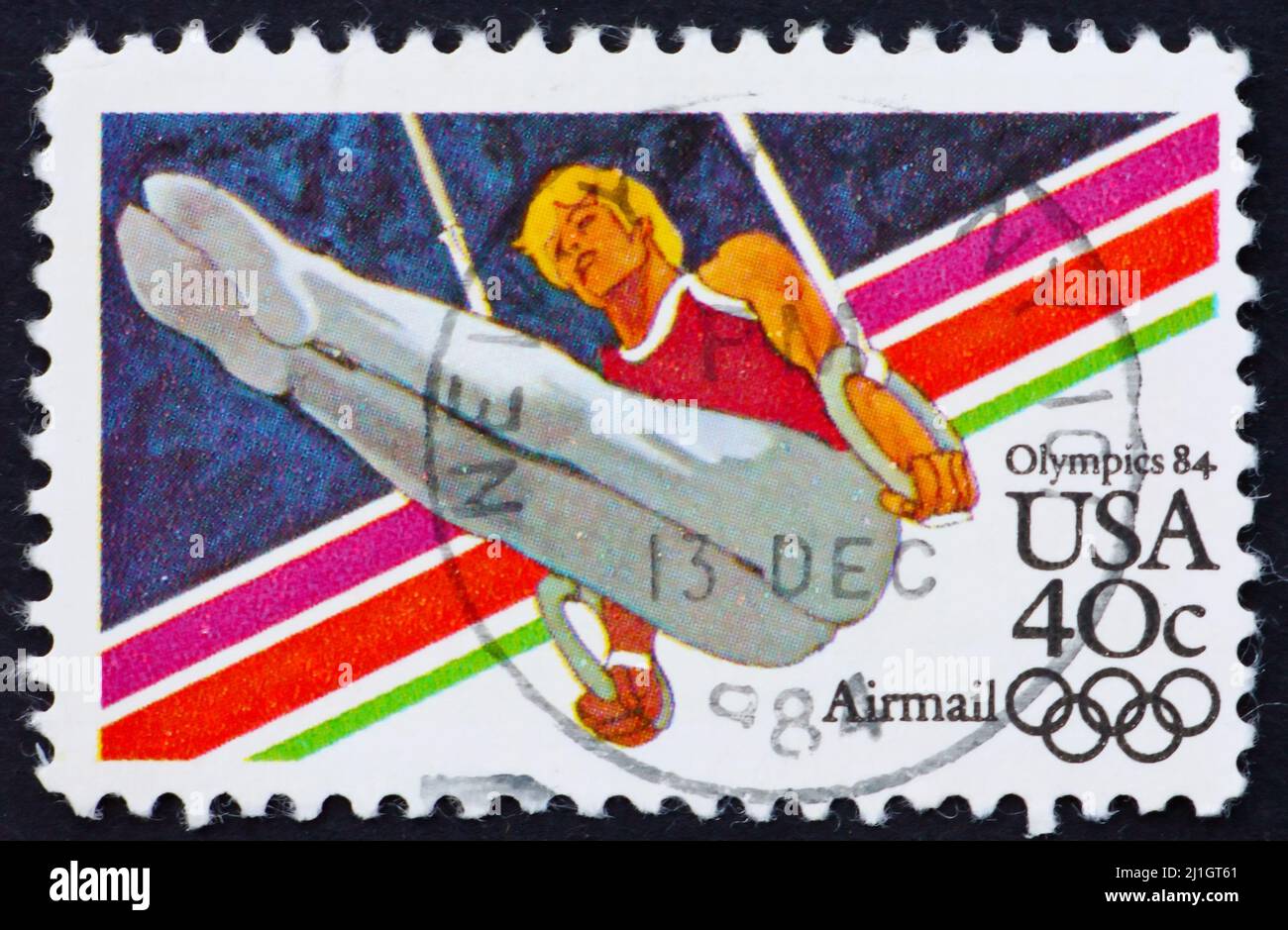 UNITED STATES OF AMERICA - CIRCA 1983: a stamp printed in the United States of America shows Gymnast, Olympic Games 1984, Los Angeles, circa 1983 Stock Photo