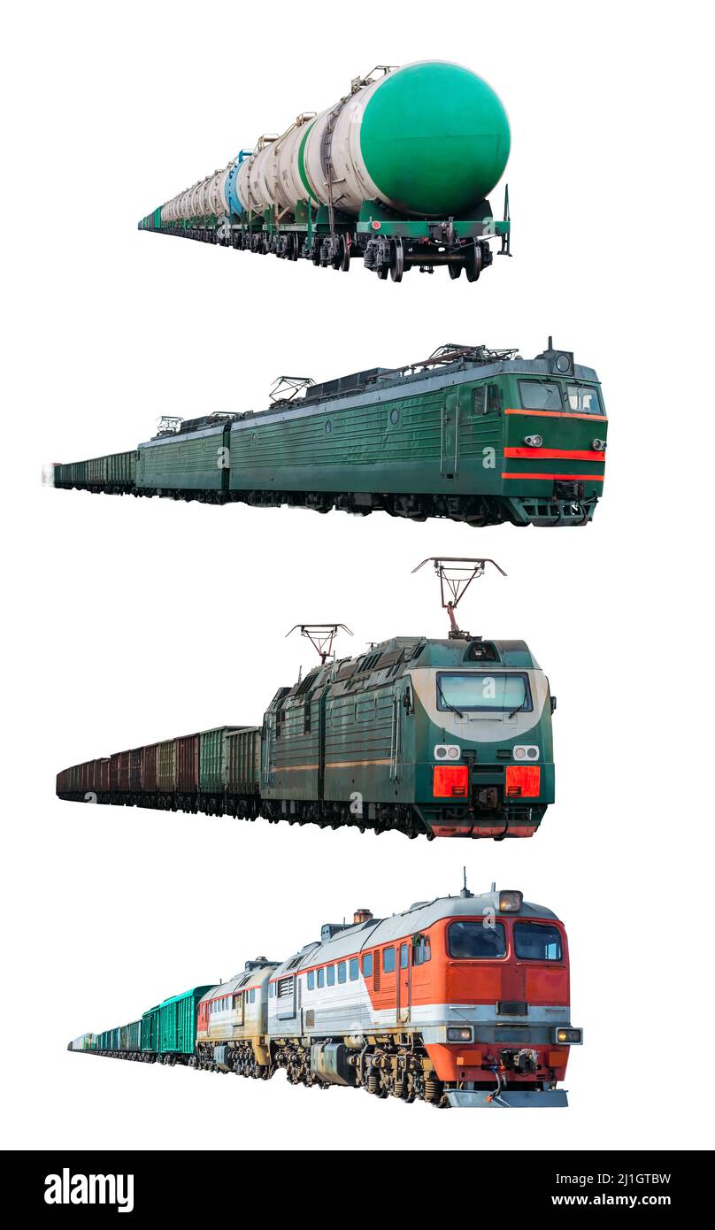 Set of train locomotives freight train isolated on white background Stock Photo